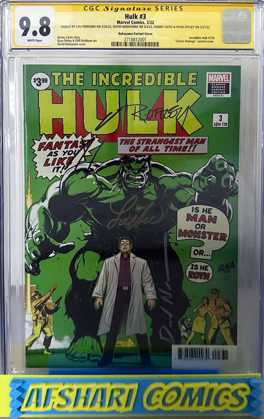 The Incredible Hulk #3 CGC 9.8 4x Signed by  Lou Ferrigno, David Nakayama, Donny Cates & Ryan Ottley